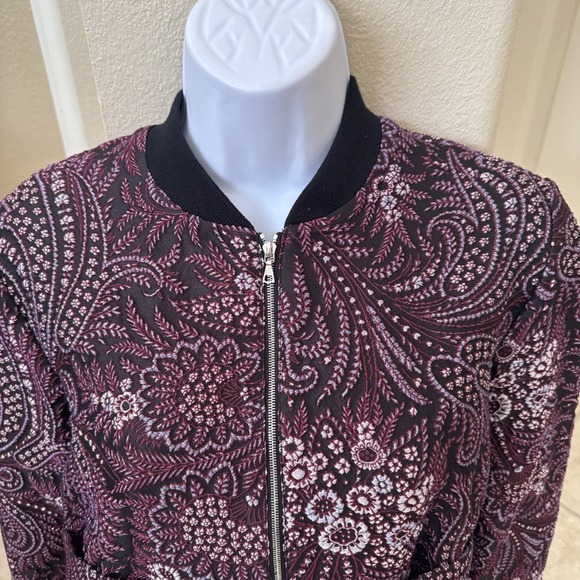 Suno Black & Purple Paisley Floral Bomber Jacket Full Zip Coat Lined Preppy Sz 2 - Picture 4 of 12
